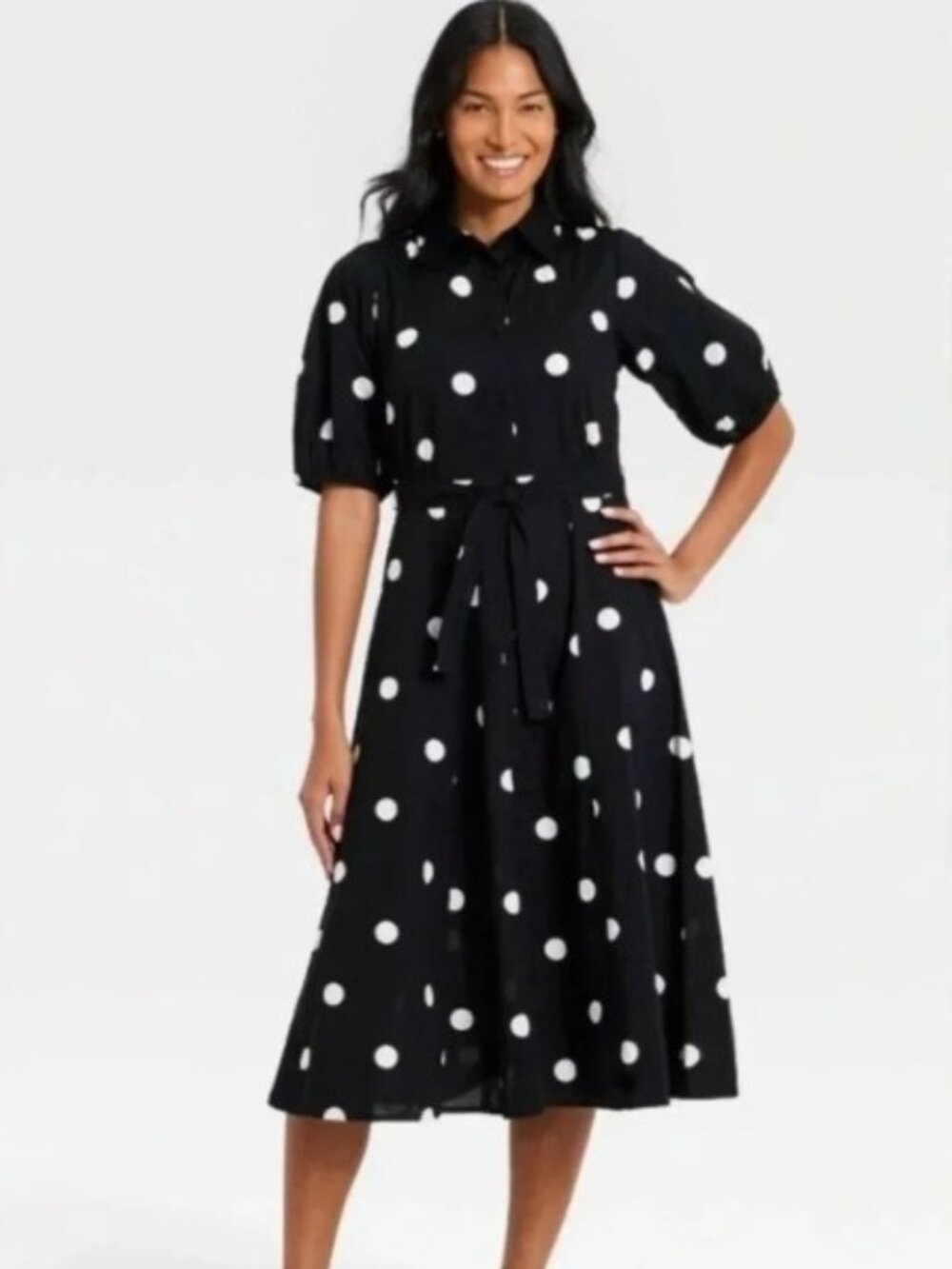 A New Day Black White Polkadot Cotton Midi Shirt Dress NWT XXL Pockets Tie Waist